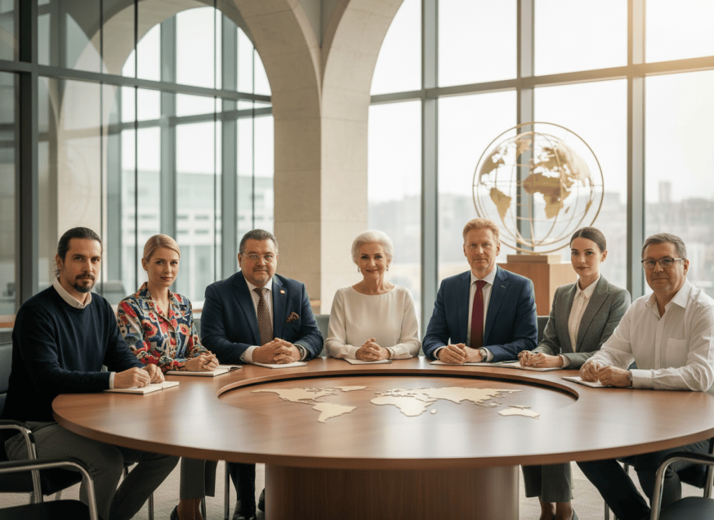 A polished, realistic professional group portrait for the Sustainable Diplomacy Experts Circle, arranged in one row with seven people. At the exact center: an elegant mature woman with white hair. Immediately to her left: a dark-haired, heavy-set older gentleman wearing a dark suit and elegant glasses. To his left: a petite blonde woman in colorful modern clothing. To her left: a gentleman in his 40s with long hair and a beard, wearing contemporary clothing. Immediately to the center woman's right: a reddish-blond gentleman around 60 wearing a dark blue suit, elegant shirt, and tie. To his right: a slim dark-haired woman with her hair in a bun, wearing a grey two-piece suit and elegant ivory silk blouse. At the far right: a heavy-set gentleman around 70 wearing an open white shirt, dark trousers, and horn-rimmed glasses. Sophisticated editorial portrait, warm natural lighting, neutral elegant background, everyone facing the camera, realistic human features, diverse ages and personalities, no text, no logos. Preserve the professional diplomacy theme and composition of the existing image while replacing the people with this exact arrangement.
